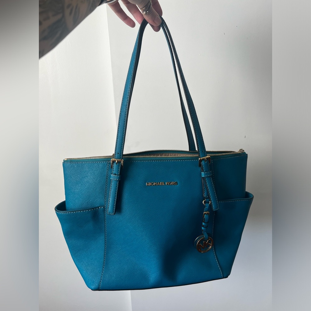Blue Michael Kors Leather Satchel Tote
